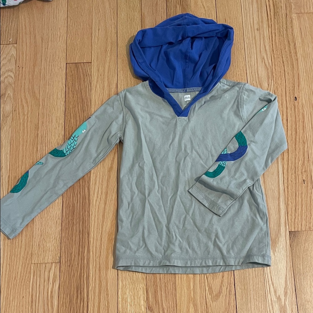 Kids Hooded Long Sleeve Tee with Snake Sleeve Detail - Blue Hood